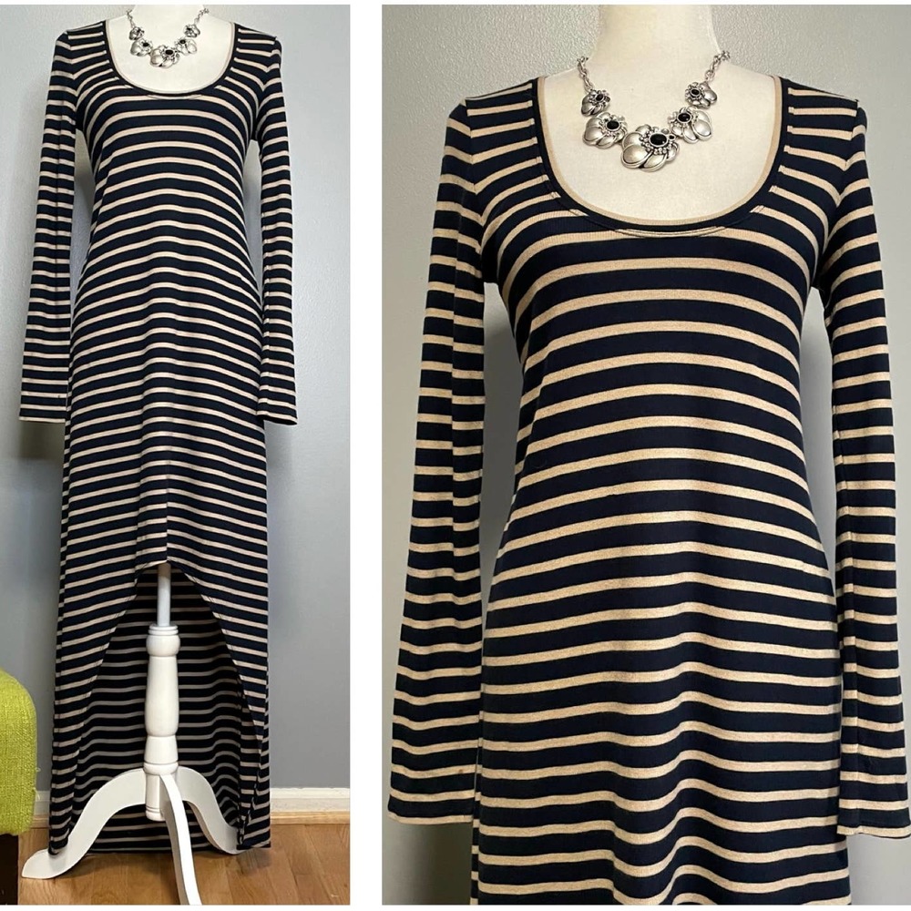 BCBGMaxazria Navy Blue Tan Striped Knit Long Sleeve High Low Maxi Dress